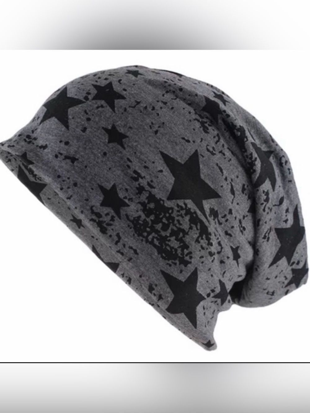 Dark Gray Black Stars Print Slouchy Beanie OS NWT